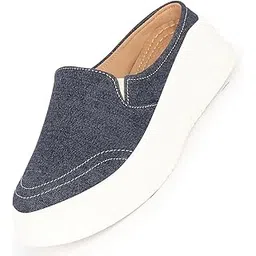 Women's Fashion Classic Stitched Upper Denim Open Back Slip On Height Enhancer Casual Shoes