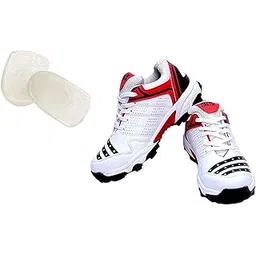 All Rounder Cricket Shoe PU White Red with Silicone Gel Heel Pad for Pain Relive