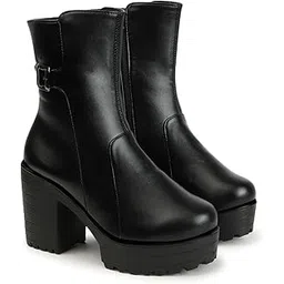 Sylish Buckle Ankle Boots Zipper Block High Heels Faux Boots for Womens & Girls