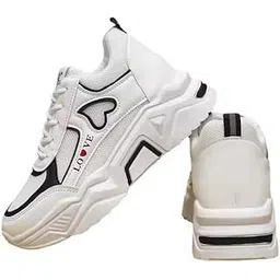 Women's Fashion Chunky Platform Sneakers, White with Black Accents, Love Heart Design