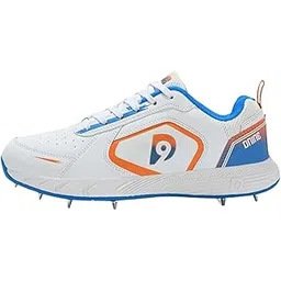 DNINE Thunder Cricket Shoes, Metal Spike, White/Orange/Blue, PU Leather Upper, EVA Midsole
