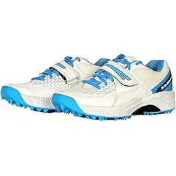 Cricket Shoes with Spikes, White and Blue, Hook and Loop Closure, Rubber Cleats