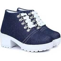 Woomen s Boots Shoes Mid-top Comfortable Lightweight Denim Style Casual Outdoor High Heel Ankle for Women & Girls (Size UK3, Dark Blue)