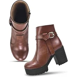 Women's Block Heel Boot | High ankle Monk Strap Tan Boots for Women | Extra Cushioned Foot Bed And Skin Friendly Ankle Boot Shoe With Heels | Trendy, Stylish, Casual Boots Shoes