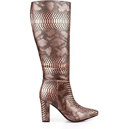 Women’s 9 Cm Block Heel Height Premium Faux Leather Trendy Snakeskin Knee-High Boots