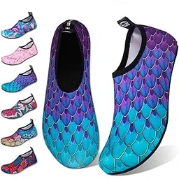 Water Shoes for Womens Mens Barefoot Quick-Dry Aqua Socks for Beach Swim Surf Yoga Exercise New Translucent Color Soles (Fishscale-Bluegreen, 38/39)