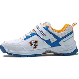 SG Unisex-Adult Century 6.0 Rubber Spikes Cricket Shoes, White/Royal Blue/Orange