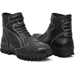 Biker Boots : Side-Zip Black Leather Boots with Memory Foam Foodpad & Steel Toe. Article-709black