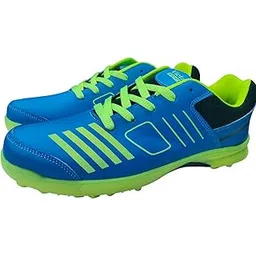 Sports Cricket Shoes for Men and Boys, White with Blue Trim, Lightweight PU Upper, Lace-Up Style, High Top Athletic Footwear