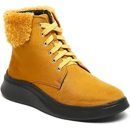 Women's Yellow Slipon Side Elastic Laceup Back Fur Ankle Length Boots