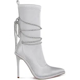 Rhinestones Strap Satin Calf Boots