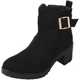 Women Block Heel Suede Leather Boot With Buckle