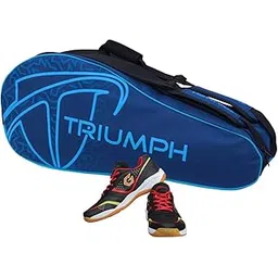 Gowin Badminton Shoe Smash Black Size-13 Kids with Triumph Badminton Bag 303 Navy/Sky