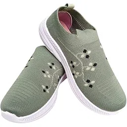 Women's Slip-On Knit Sneakers, Sage Green, Floral Pattern, Mesh Upper, White Sole