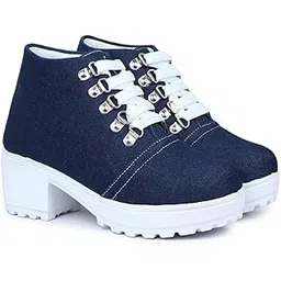 Premium Denim Heel Boots for Women | Stylish Lace-Up Boots with Metal Embellishments