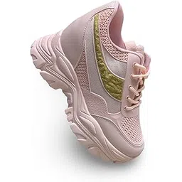 N P Style Women's Platform Sneakers with Gold Glitter Detail, Chunky Sole, Mesh Upper, Pink and White