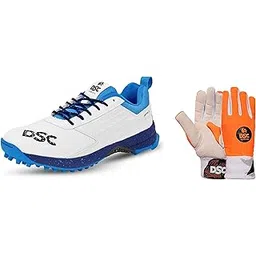 Jaffa 22 Cricket Shoes for Men and Boys UK-7 White-Navy & DSC Cotton Pro Cricket Wicket Keeping Inner Gloves Mens, Multicolour