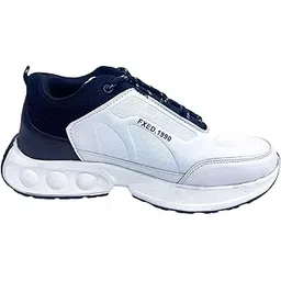 Men's Athletic Running Shoes, White & Blue, Mesh & Synthetic Material, Breathable with Cushioned Sole