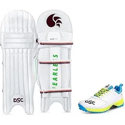 Jaffa 22 Cricket Shoes for Men and Boys UK-10 White/Lime-Yellow & DSC Intense Attitude Leather Cricket Batting Legguard for Mens, Size - Mens, Right Hand