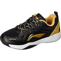 Li-Ning Ultra Power Non-Marking Badminton Shoe|Indoor Sports|Stability Heel, Prototypical Sole, Lightweight Shoe (Black/Gold,UK 1)