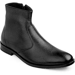 Men's Leather Ankle Boot, Casual Dress Style, Round Toe, Side Zip, Black