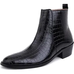 Black Croco Print Embossed Leather Chelsea Boots for Men with Zip Fastening | High Ankle Handcrafted Chelsea Boots