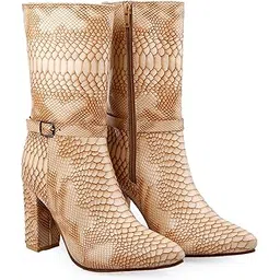 Women Stylish Buckle Design Boots And Casual Mid-Calf Dressy Boots With Snakskin Print Material