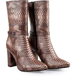 Women 3.5 Inch Block Heel Height Snakeskin Print Mid-Calf Boot And Casual High Ankle Boot