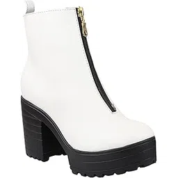 Womens White Solid Zipper Block Heeled Boots