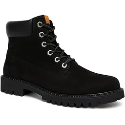 Black Boots for Women, Pure Leather, Lace-Up Style with Rugged Lug Sole and Padded Collar, Ankle Length Boots