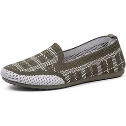 SEABA Women's Knitted Mesh Slip-on Shoes, Army Green and White Pattern, Casual Breathable Walking Flats, Belly Style