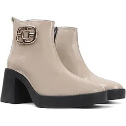 Women's Glossy Platform Ankle Bootie Chunky Heel with Gold-Tone Emblem