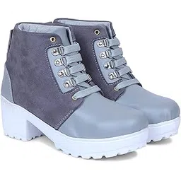 Women's Boots | Synthetic Leather Lace Up Comfortable Chunky Heel Boots For Casual, Outdoor Walking (Size UK6, Grey)