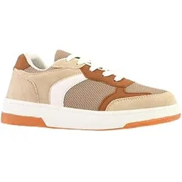 Women's Casual Athletic Sneakers, Mesh and Suede Design, Beige and Brown Colour, White Platform Sole