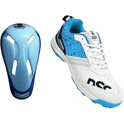 DSC Armour Cricket Abdominal Guard (Mens, Multicolour)+DSC Zooter Cricket Shoe for Men and Boys, Size-9 UK (White-Blue)