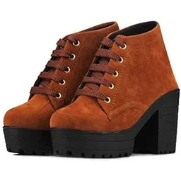 Boots Shoes for Women Mid-top Comfortable Lightweight Fashion Casual Outdoor High Heel Ankle for Women & Girls (Size UK7, Tan)