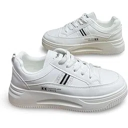 Platform Sneakers, White with Black Stripes, Chunky Sole, Lace-up