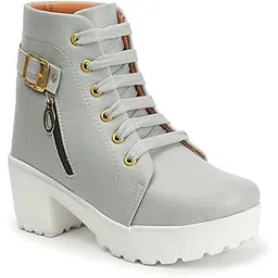 Women's Embellished Block Heel Boots | Luxury Synthetic Leather Booties with Zip and Buckle Detailing