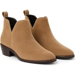 Women's Classic Ankle Boots, Tan Suede, Western Style, Low Block Heel, Pull-On Design with V-Cut Side Details