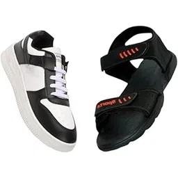 Sports Athletic Sneakers, Black and White, Lace-Up Design with Red Accents, Casual Running Shoes and Black Sandal Combo for Men