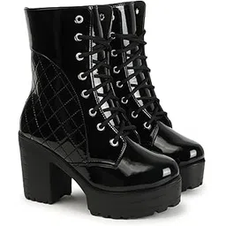 Bold and Breezy Black Patent Ankle Length Lace Up Heeled| Boots for Women & Girls