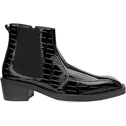 Men's 5.08 Cm Block Heel Height Increasing Faux Leather Material, Black Stylish Casual Formal Slip-On Chelsea Boot.- 9 UK