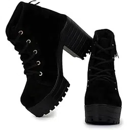 Women's Block Heel Ankle Boots, Black Suede, Platform Fashion Boots, Casual Winter Footwear