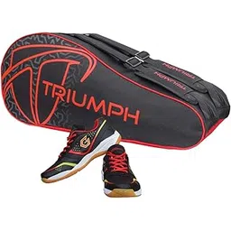 Gowin Badminton Shoe Smash Black Size-12 Kids with Triumph Badminton Bag 303 Black/Red
