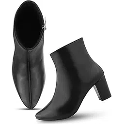 Women Fashion Black Leather Ankle Boots for Women | Pointed Toe| Block Heel