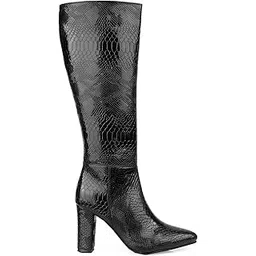 Women’s 9 Cm Block Heel Height Premium Faux Leather Trendy Snakeskin Knee-High Boots