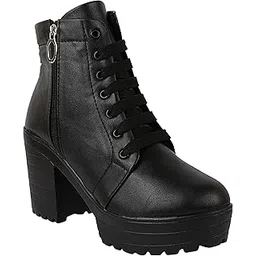 Women Black Zipper & Lace Up Block Heeled Boots