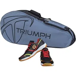 Gowin Badminton Shoe Smash Black Size-13 Kids with Triumph Badminton Bag 303 Grey/Black