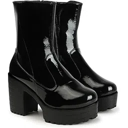 Bold and Breezy Black Patent Leather Ankle Length Heeled Boots for Women & Girls