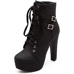 Women Autumn Round Toe Lace Up Ankle Buckle Chunky High Heel Platform Knight Martin Boots